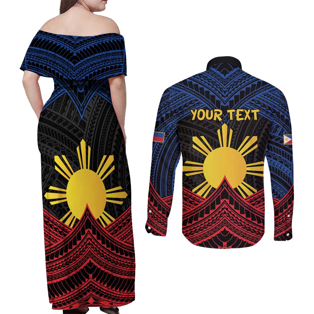 Personalized Philippines Couples Matching Off Shoulder Maxi Dress and Long Sleeve Button Shirt Polynesian Tribal Tattoo with Filipino Flag Motif LT9 - Polynesian Pride