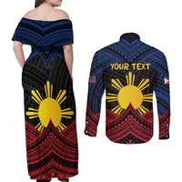 Personalized Philippines Couples Matching Off Shoulder Maxi Dress and Long Sleeve Button Shirt Polynesian Tribal Tattoo with Filipino Flag Motif LT9 - Polynesian Pride