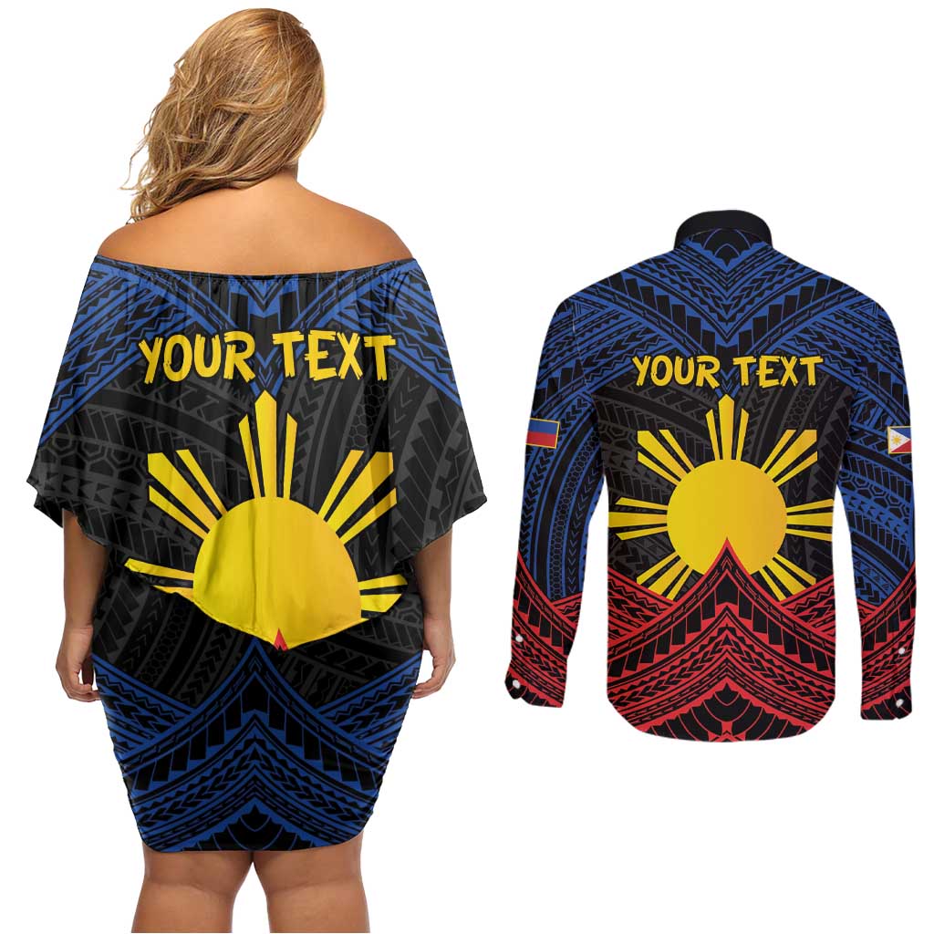 Personalized Philippines Couples Matching Off Shoulder Short Dress and Long Sleeve Button Shirt Polynesian Tribal Tattoo with Filipino Flag Motif LT9 - Polynesian Pride