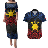 Personalized Philippines Couples Matching Puletasi and Hawaiian Shirt Polynesian Tribal Tattoo with Filipino Flag Motif LT9 Black - Polynesian Pride