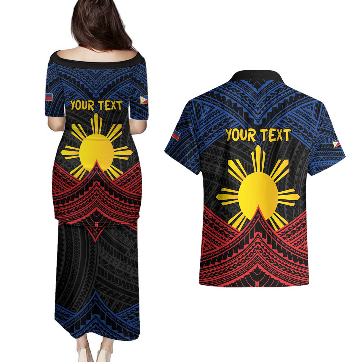 Personalized Philippines Couples Matching Puletasi and Hawaiian Shirt Polynesian Tribal Tattoo with Filipino Flag Motif LT9 - Polynesian Pride
