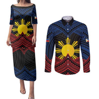 Personalized Philippines Couples Matching Puletasi and Long Sleeve Button Shirt Polynesian Tribal Tattoo with Filipino Flag Motif LT9 Black - Polynesian Pride