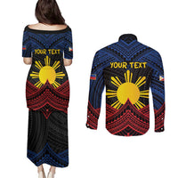 Personalized Philippines Couples Matching Puletasi and Long Sleeve Button Shirt Polynesian Tribal Tattoo with Filipino Flag Motif LT9 - Polynesian Pride