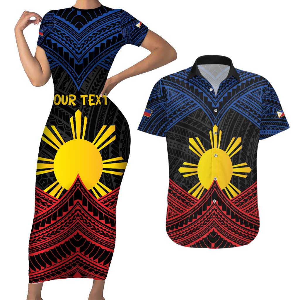 Personalized Philippines Couples Matching Short Sleeve Bodycon Dress and Hawaiian Shirt Polynesian Tribal Tattoo with Filipino Flag Motif LT9 Black - Polynesian Pride