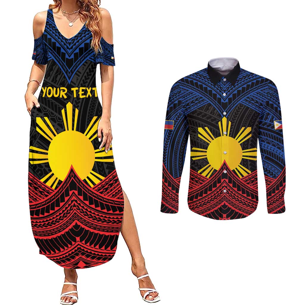 Personalized Philippines Couples Matching Summer Maxi Dress and Long Sleeve Button Shirt Polynesian Tribal Tattoo with Filipino Flag Motif LT9 Black - Polynesian Pride