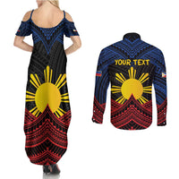 Personalized Philippines Couples Matching Summer Maxi Dress and Long Sleeve Button Shirt Polynesian Tribal Tattoo with Filipino Flag Motif LT9 - Polynesian Pride