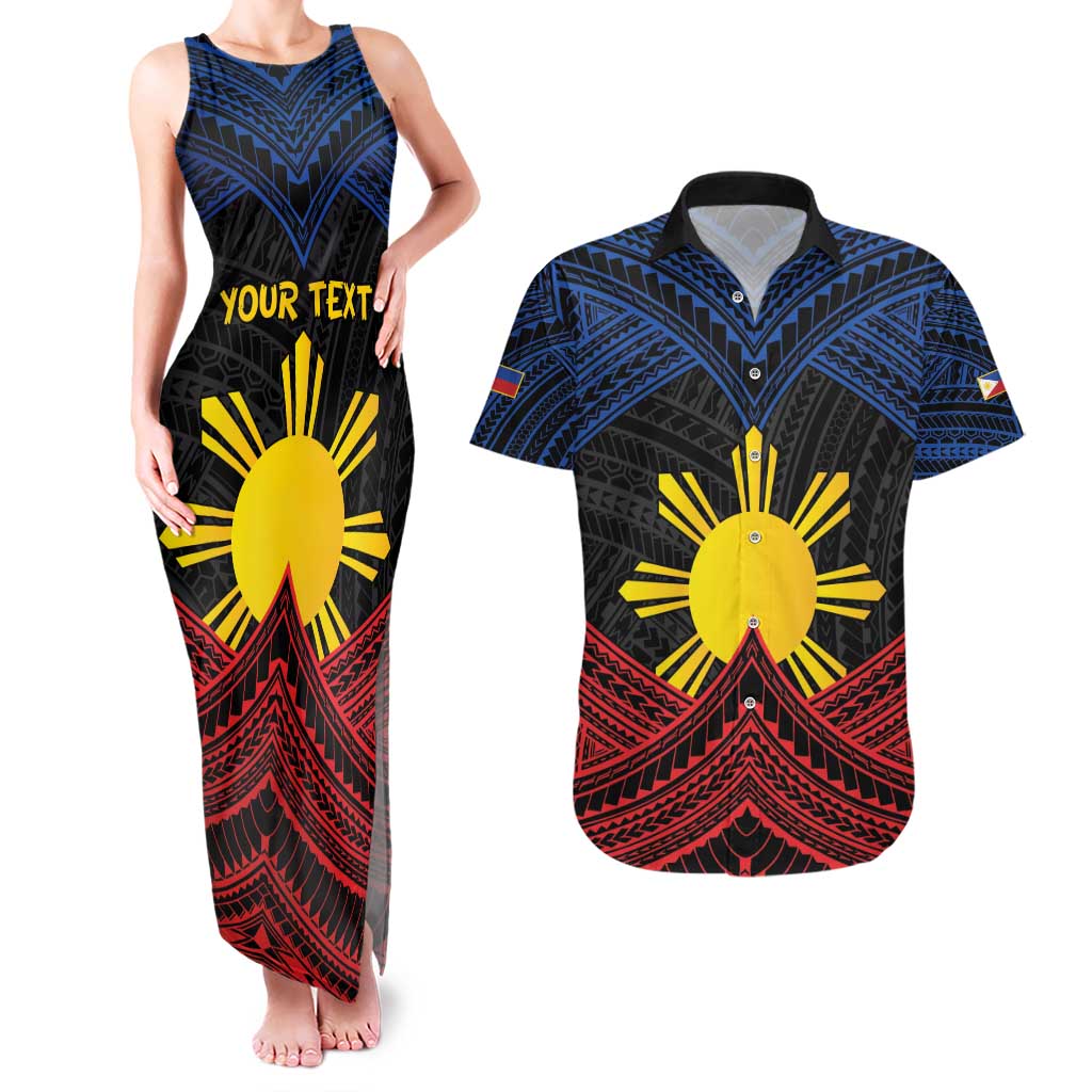 Personalized Philippines Couples Matching Tank Maxi Dress and Hawaiian Shirt Polynesian Tribal Tattoo with Filipino Flag Motif LT9 Black - Polynesian Pride