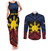 Personalized Philippines Couples Matching Tank Maxi Dress and Long Sleeve Button Shirt Polynesian Tribal Tattoo with Filipino Flag Motif LT9 Black - Polynesian Pride