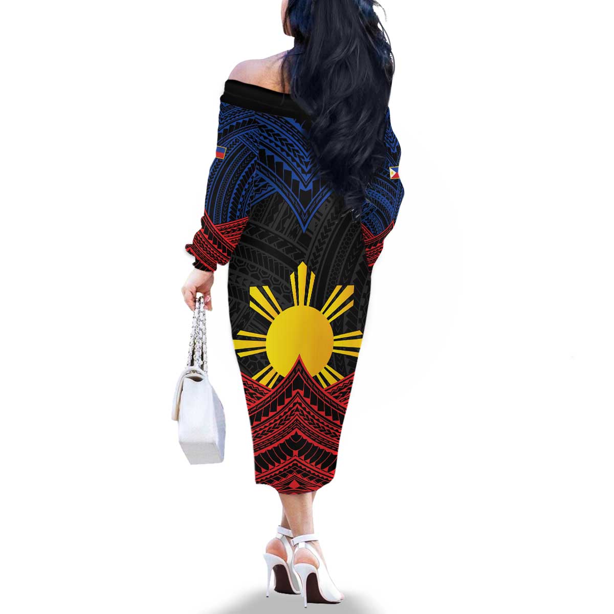 Personalized Philippines Family Matching Off The Shoulder Long Sleeve Dress and Hawaiian Shirt Polynesian Tribal Tattoo with Filipino Flag Motif LT9 - Polynesian Pride