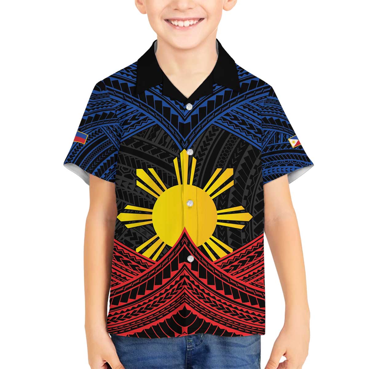 Personalized Philippines Family Matching Off The Shoulder Long Sleeve Dress and Hawaiian Shirt Polynesian Tribal Tattoo with Filipino Flag Motif LT9 Son's Shirt Black - Polynesian Pride