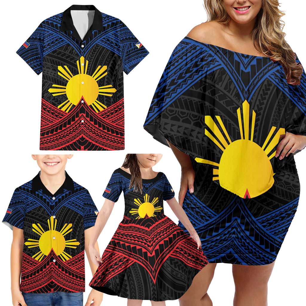 Personalized Philippines Family Matching Off Shoulder Short Dress and Hawaiian Shirt Polynesian Tribal Tattoo with Filipino Flag Motif LT9 - Polynesian Pride