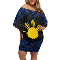 Personalized Philippines Family Matching Off Shoulder Short Dress and Hawaiian Shirt Polynesian Tribal Tattoo with Filipino Flag Motif LT9 Mom's Dress Black - Polynesian Pride
