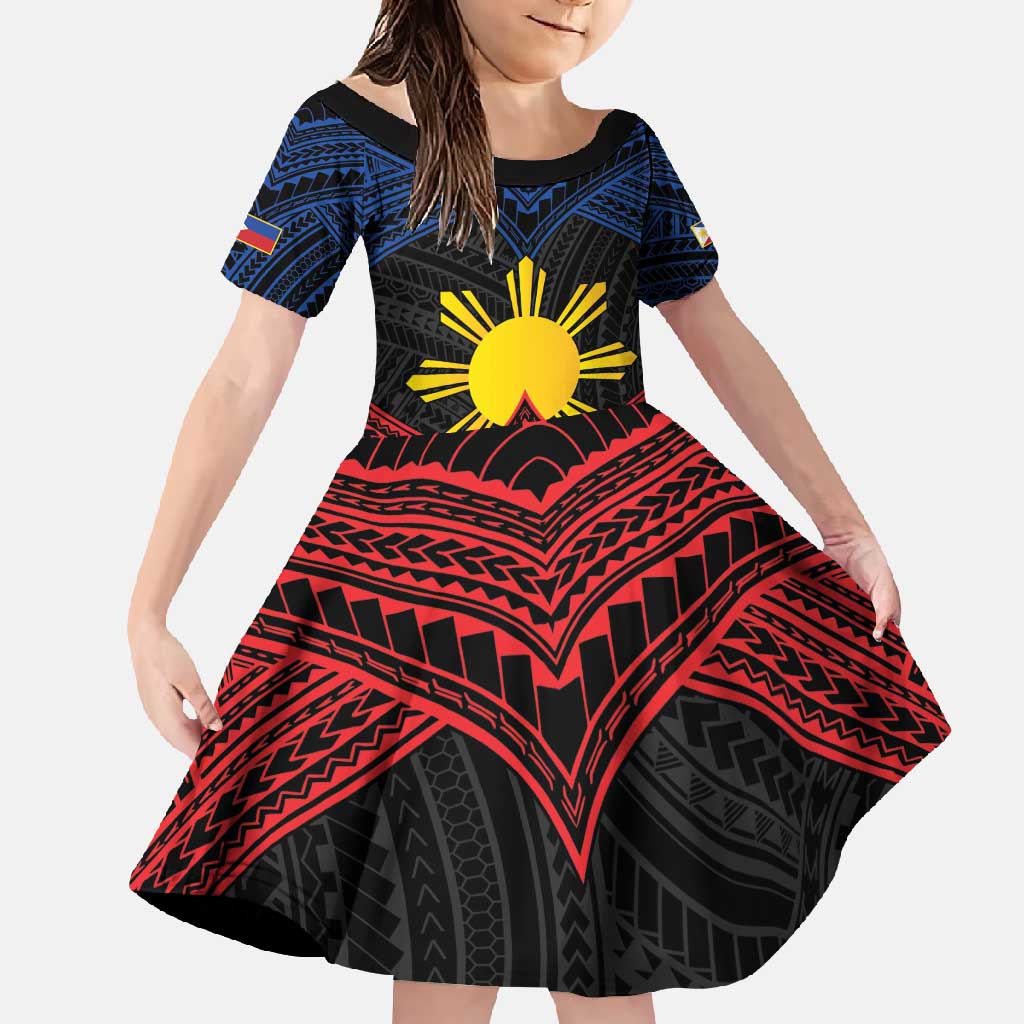 Personalized Philippines Family Matching Short Sleeve Bodycon Dress and Hawaiian Shirt Polynesian Tribal Tattoo with Filipino Flag Motif LT9 Daughter's Dress Black - Polynesian Pride