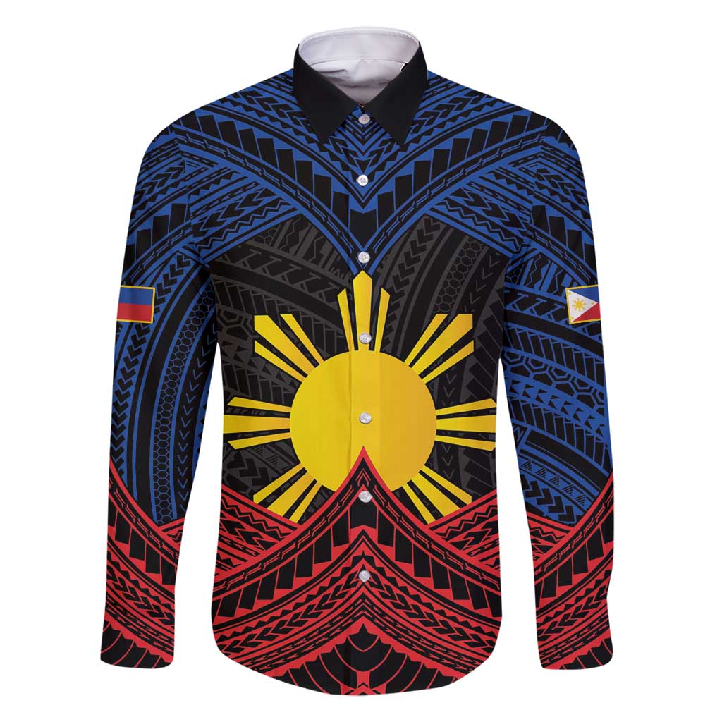 Personalized Philippines Family Matching Summer Maxi Dress and Hawaiian Shirt Polynesian Tribal Tattoo with Filipino Flag Motif LT9 Dad's Shirt - Long Sleeve Black - Polynesian Pride