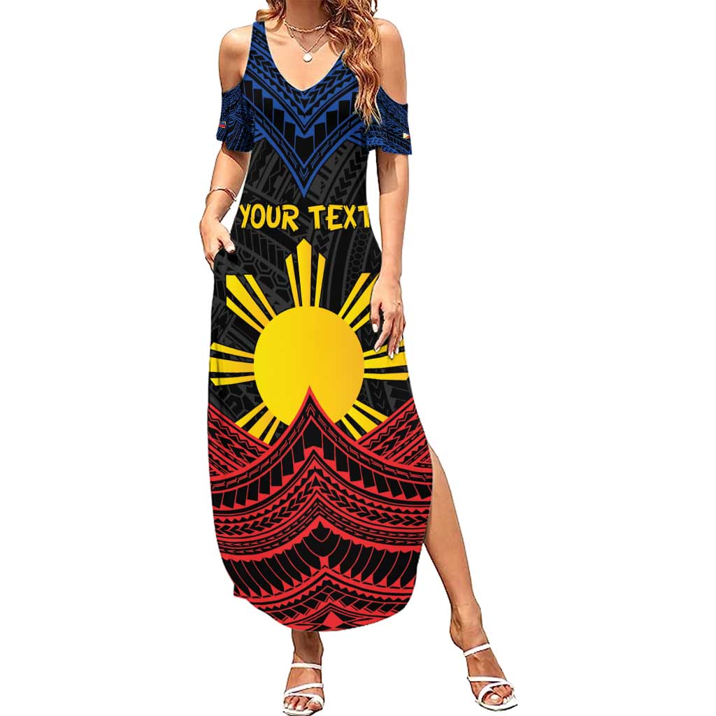 Personalized Philippines Family Matching Summer Maxi Dress and Hawaiian Shirt Polynesian Tribal Tattoo with Filipino Flag Motif LT9 Mom's Dress Black - Polynesian Pride