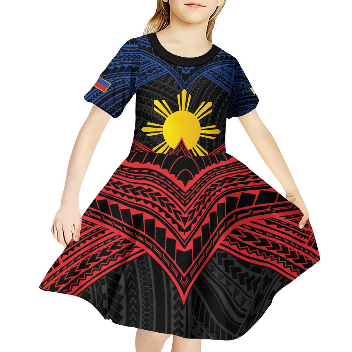 Personalized Philippines Kid Short Sleeve Dress Polynesian Tribal Tattoo with Filipino Flag Motif LT9 - Polynesian Pride
