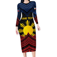 Personalized Philippines Long Sleeve Bodycon Dress Polynesian Tribal Tattoo with Filipino Flag Motif LT9 Long Dress Black - Polynesian Pride