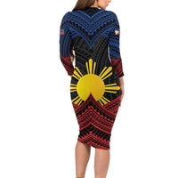 Personalized Philippines Long Sleeve Bodycon Dress Polynesian Tribal Tattoo with Filipino Flag Motif LT9 - Polynesian Pride