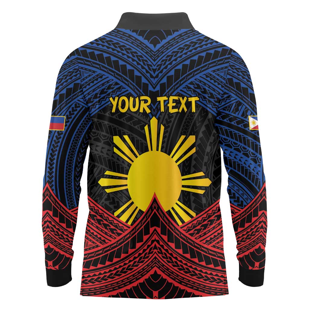 Personalized Philippines Long Sleeve Polo Shirt Polynesian Tribal Tattoo with Filipino Flag Motif LT9 - Polynesian Pride