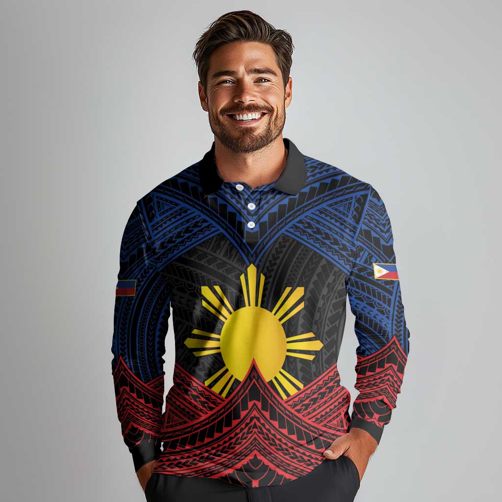 Personalized Philippines Long Sleeve Polo Shirt Polynesian Tribal Tattoo with Filipino Flag Motif LT9 - Polynesian Pride