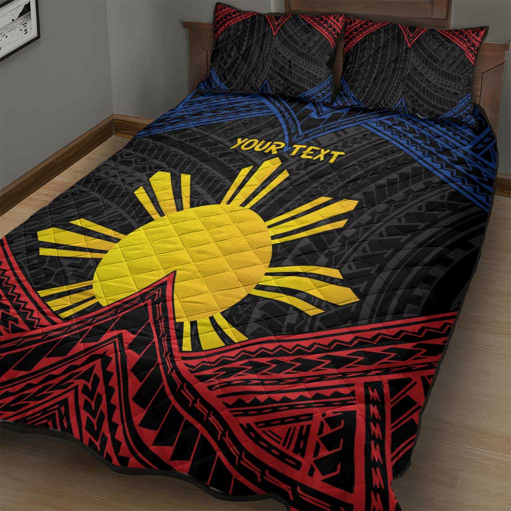Personalized Philippines Quilt Bed Set Polynesian Tribal Tattoo with Filipino Flag Motif