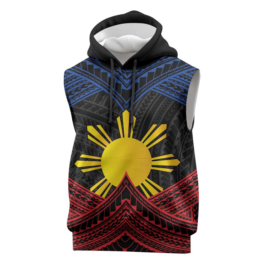 Personalized Philippines Sleeveless Hoodie Polynesian Tribal Tattoo with Filipino Flag Motif LT9 Black - Polynesian Pride