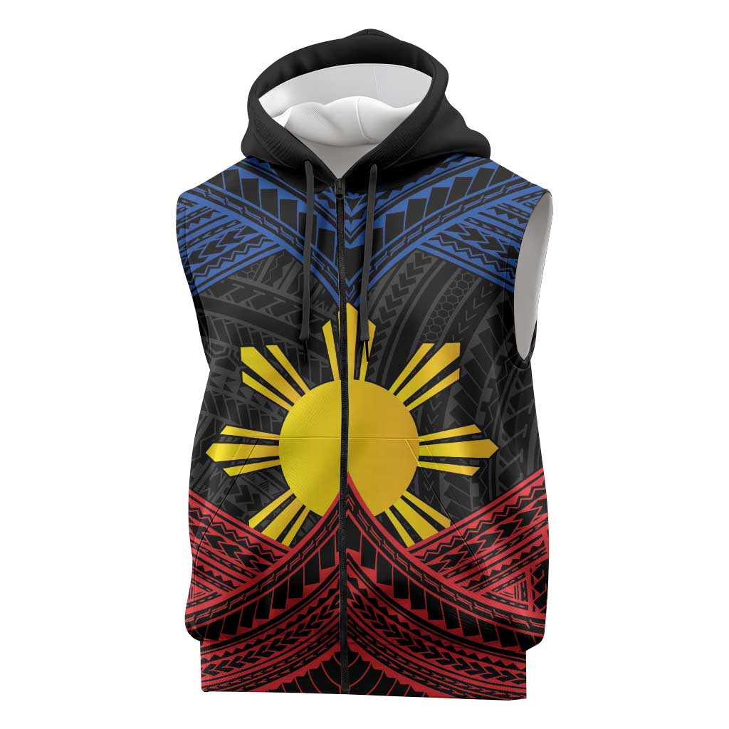 Personalized Philippines Sleeveless Zip Hoodie Polynesian Tribal Tattoo with Filipino Flag Motif LT9 Black - Polynesian Pride