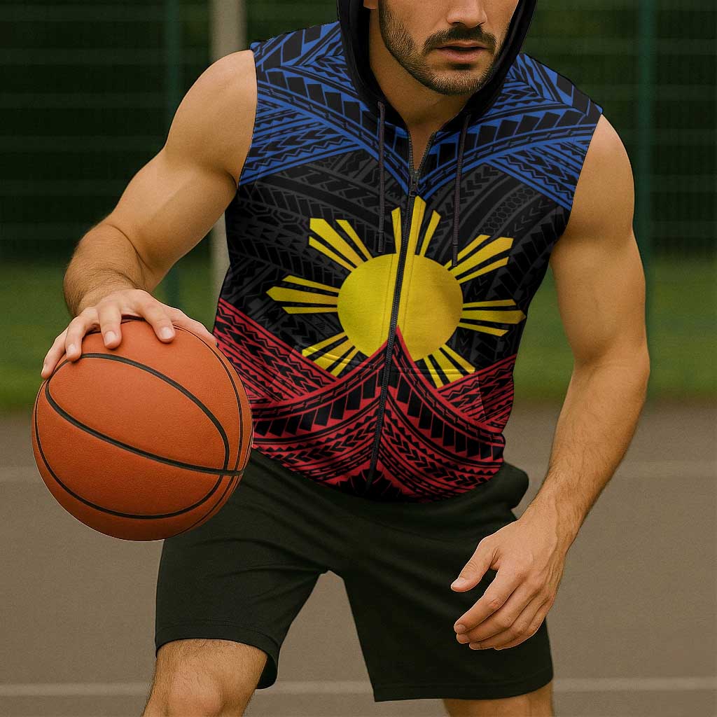Personalized Philippines Sleeveless Zip Hoodie Polynesian Tribal Tattoo with Filipino Flag Motif LT9 - Polynesian Pride