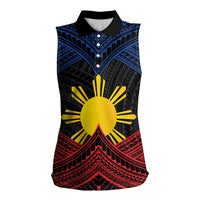 Personalized Philippines Women Sleeveless Polo Shirt Polynesian Tribal Tattoo with Filipino Flag Motif LT9 Female Black - Polynesian Pride