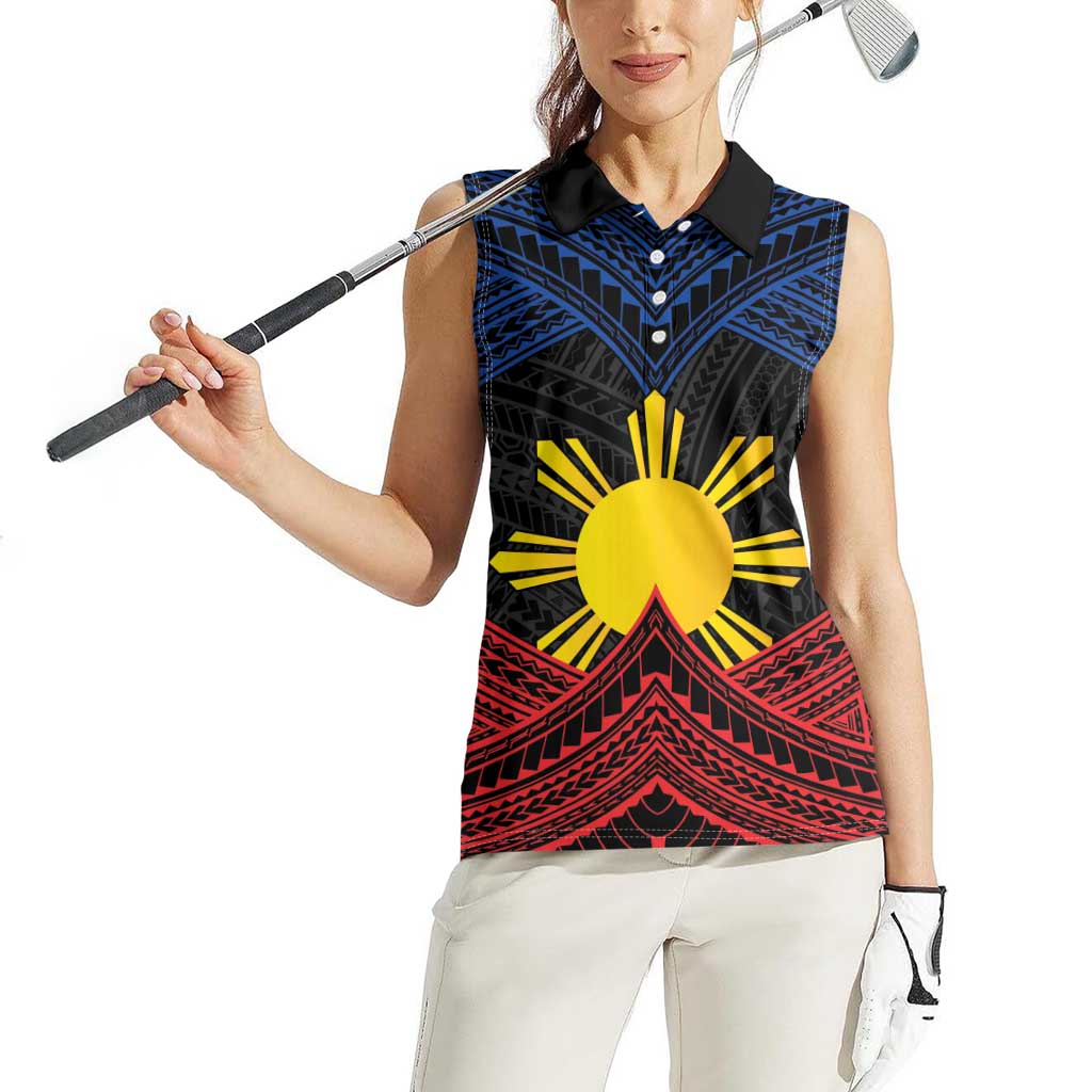 Personalized Philippines Women Sleeveless Polo Shirt Polynesian Tribal Tattoo with Filipino Flag Motif LT9 - Polynesian Pride