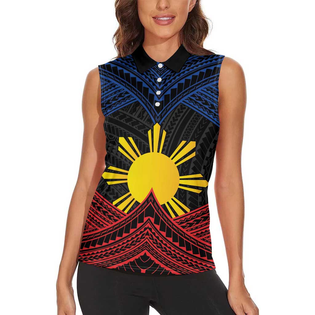 Personalized Philippines Women Sleeveless Polo Shirt Polynesian Tribal Tattoo with Filipino Flag Motif LT9 - Polynesian Pride