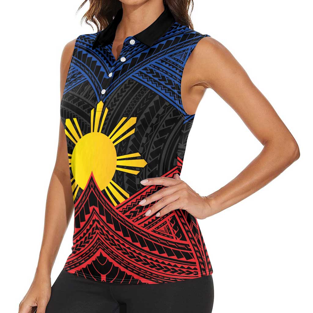 Personalized Philippines Women Sleeveless Polo Shirt Polynesian Tribal Tattoo with Filipino Flag Motif LT9 - Polynesian Pride