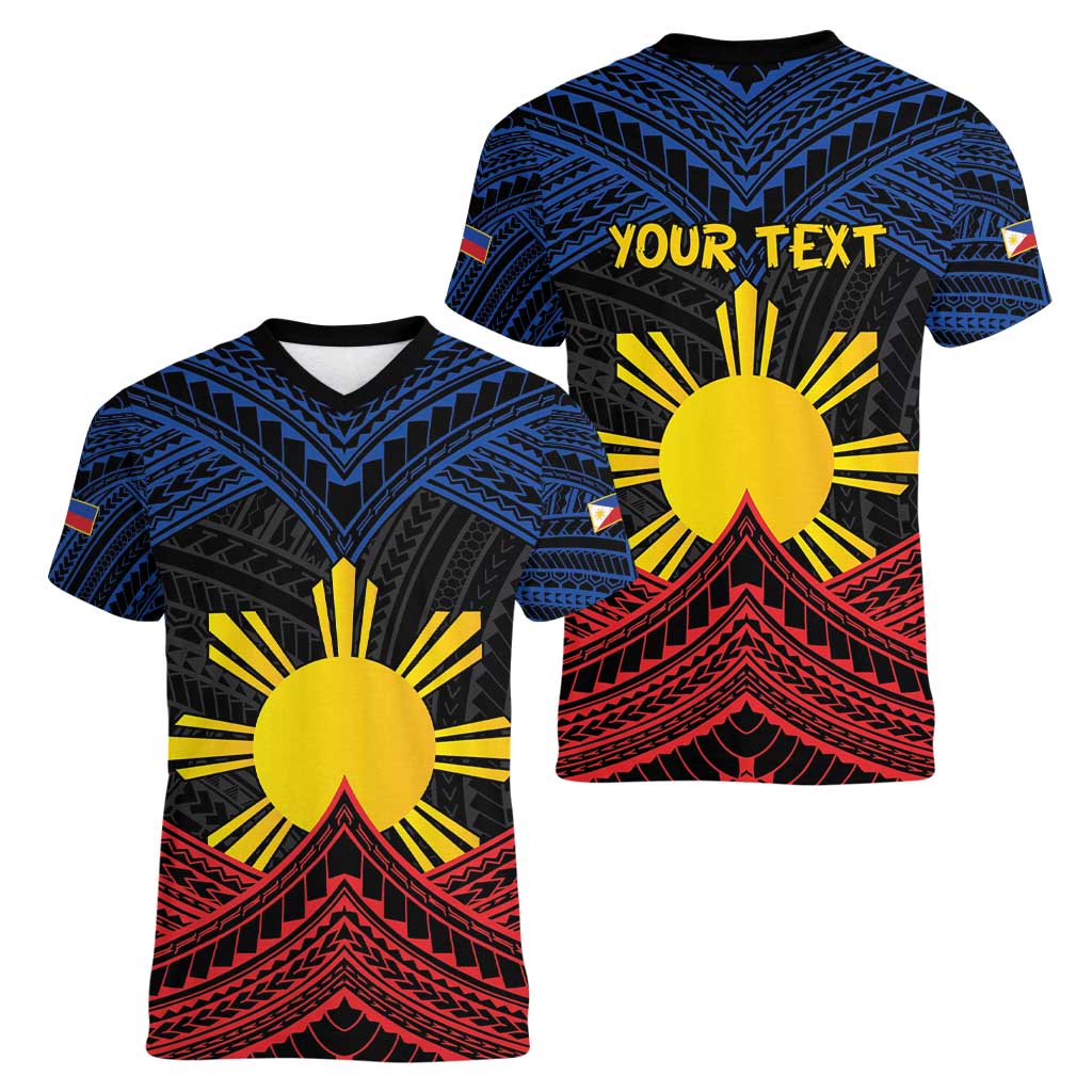Personalized Philippines Women V-Neck T-Shirt Polynesian Tribal Tattoo with Filipino Flag Motif LT9 - Polynesian Pride