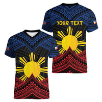 Personalized Philippines Women V-Neck T-Shirt Polynesian Tribal Tattoo with Filipino Flag Motif LT9 - Polynesian Pride