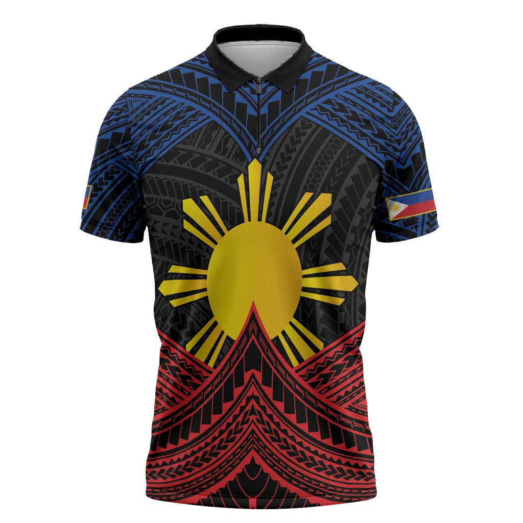 Personalized Philippines Zipper Polo Shirt Polynesian Tribal Tattoo with Filipino Flag Motif LT9 Black - Polynesian Pride