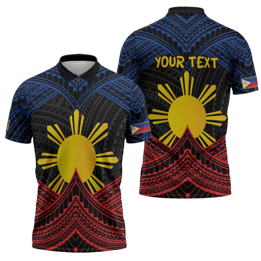 Personalized Philippines Zipper Polo Shirt Polynesian Tribal Tattoo with Filipino Flag Motif LT9 - Polynesian Pride