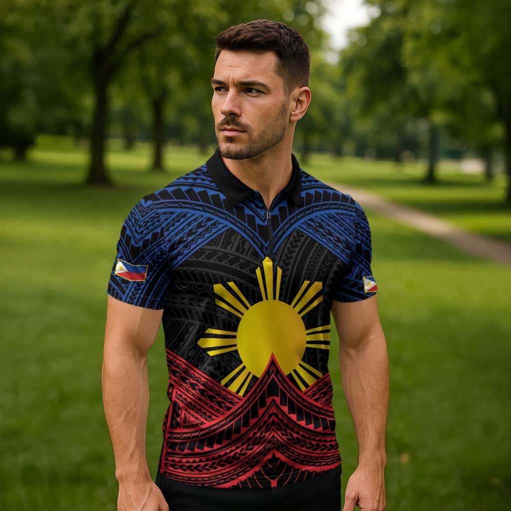 Personalized Philippines Zipper Polo Shirt Polynesian Tribal Tattoo with Filipino Flag Motif LT9 - Polynesian Pride