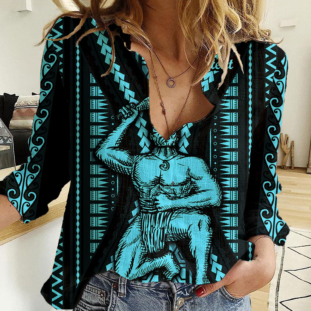 Personalised Aotearoa Father's Day Gift For Dad Women Casual Shirt Aroha Ahau Ki A Koe Papa - Aqua Maori Style Pattern LT9 Female Aqua - Polynesian Pride