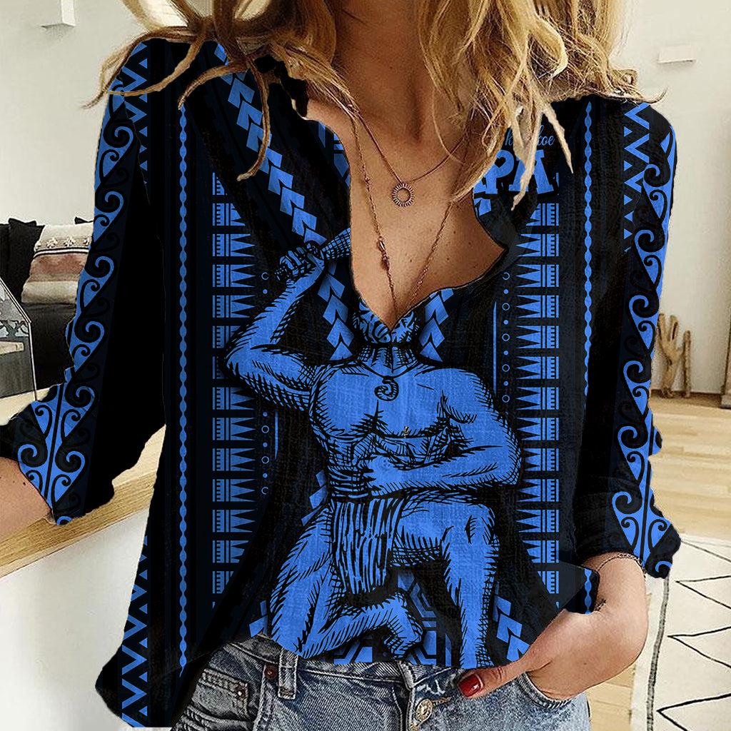 Aotearoa Father's Day Gift For Dad Women Casual Shirt Aroha Ahau Ki A Koe Papa - Blue Maori Style Pattern LT9 Female Blue - Polynesian Pride