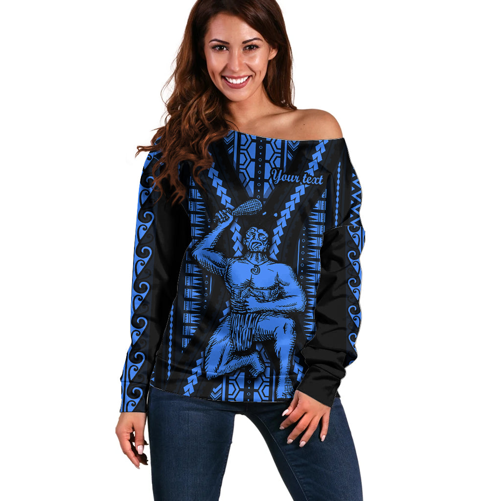 Personalised Aotearoa Father's Day Gift For Dad Off Shoulder Sweater Aroha Ahau Ki A Koe Papa - Blue Maori Style Pattern LT9 Women Blue - Polynesian Pride