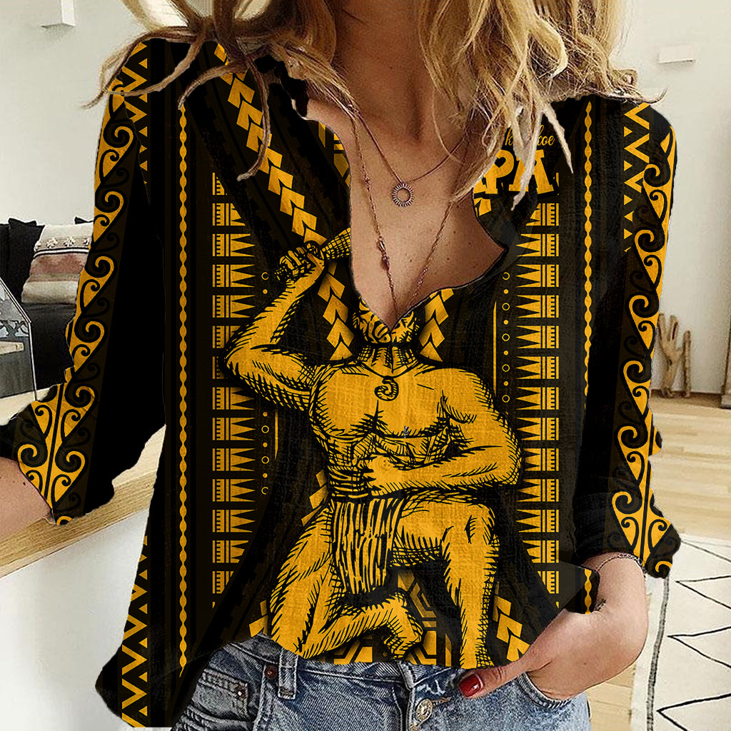 Aotearoa Father's Day Gift For Dad Women Casual Shirt Aroha Ahau Ki A Koe Papa - Gold Maori Style Pattern LT9 Female Gold - Polynesian Pride