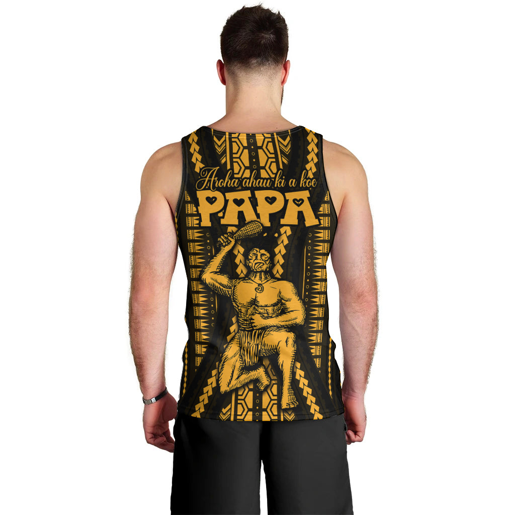 Personalised Aotearoa Father's Day Gift For Dad Men Tank Top Aroha Ahau Ki A Koe Papa - Gold Maori Style Pattern LT9 - Polynesian Pride