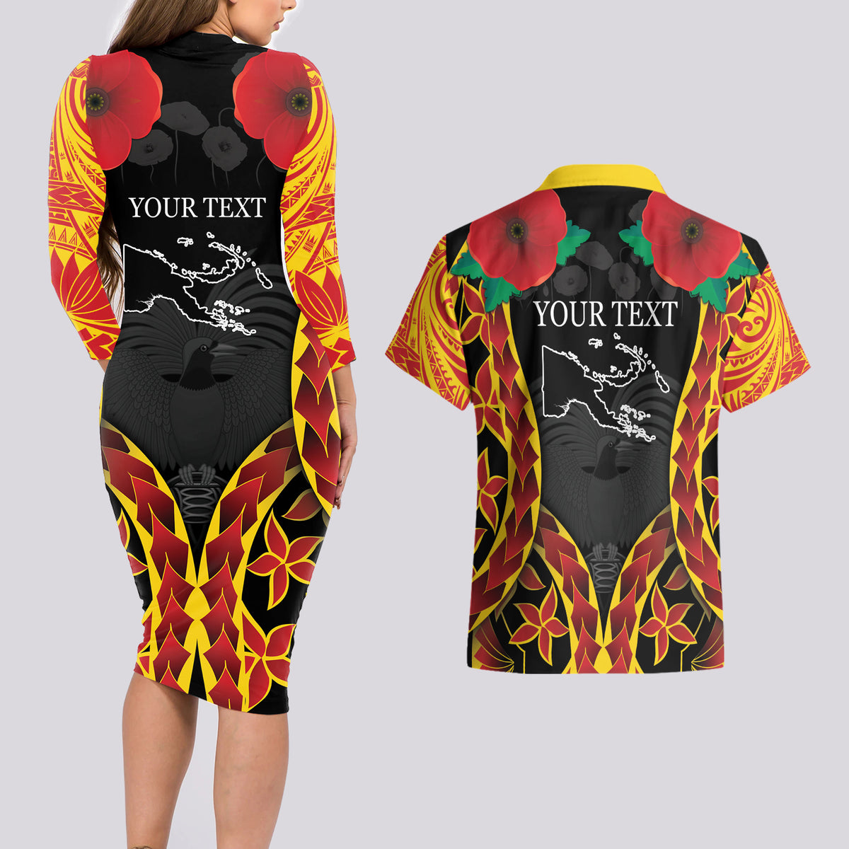 Personalised Papua New Guinea Remembrance Day Couples Matching Long Sleeve Bodycon Dress and Hawaiian Shirt LT9 - Polynesian Pride