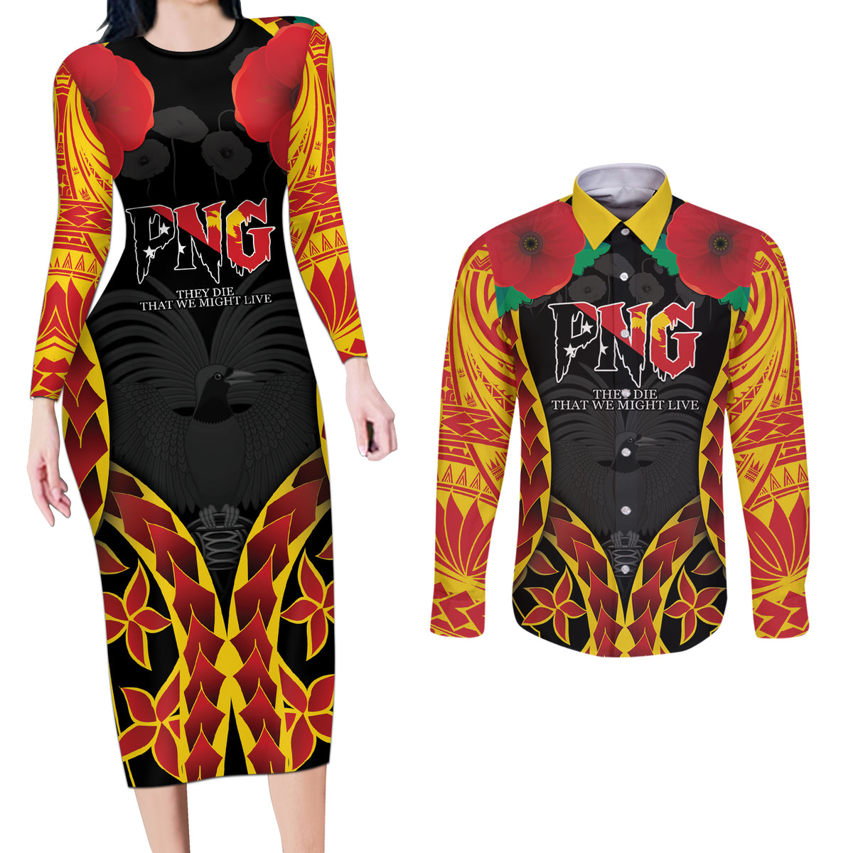 Personalised Papua New Guinea Remembrance Day Couples Matching Long Sleeve Bodycon Dress and Long Sleeve Button Shirt LT9 Red - Polynesian Pride