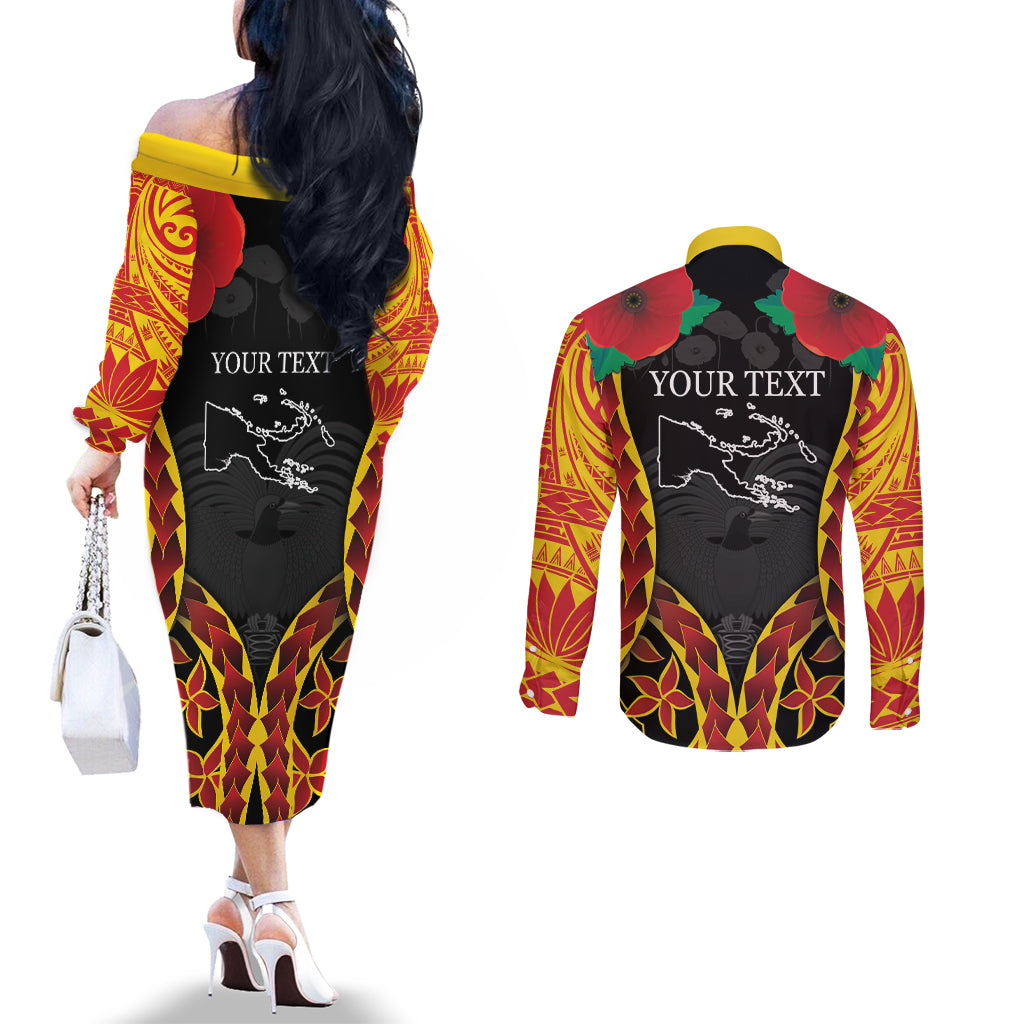 Personalised Papua New Guinea Remembrance Day Couples Matching Off The Shoulder Long Sleeve Dress and Long Sleeve Button Shirt LT9 - Polynesian Pride