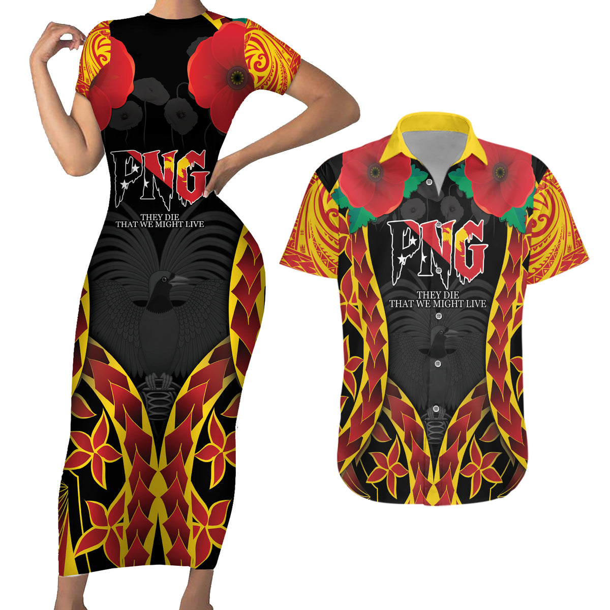 Personalised Papua New Guinea Remembrance Day Couples Matching Short Sleeve Bodycon Dress and Hawaiian Shirt LT9 Red - Polynesian Pride