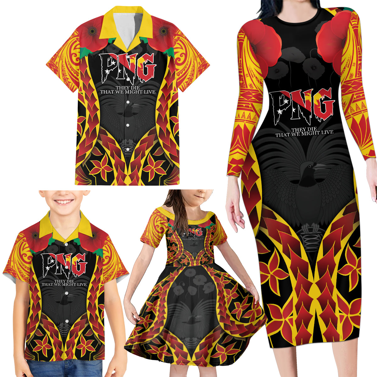 Personalised Papua New Guinea Remembrance Day Family Matching Long Sleeve Bodycon Dress and Hawaiian Shirt LT9 - Polynesian Pride