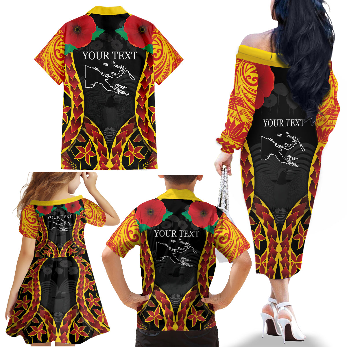 Personalised Papua New Guinea Remembrance Day Family Matching Off The Shoulder Long Sleeve Dress and Hawaiian Shirt LT9 - Polynesian Pride
