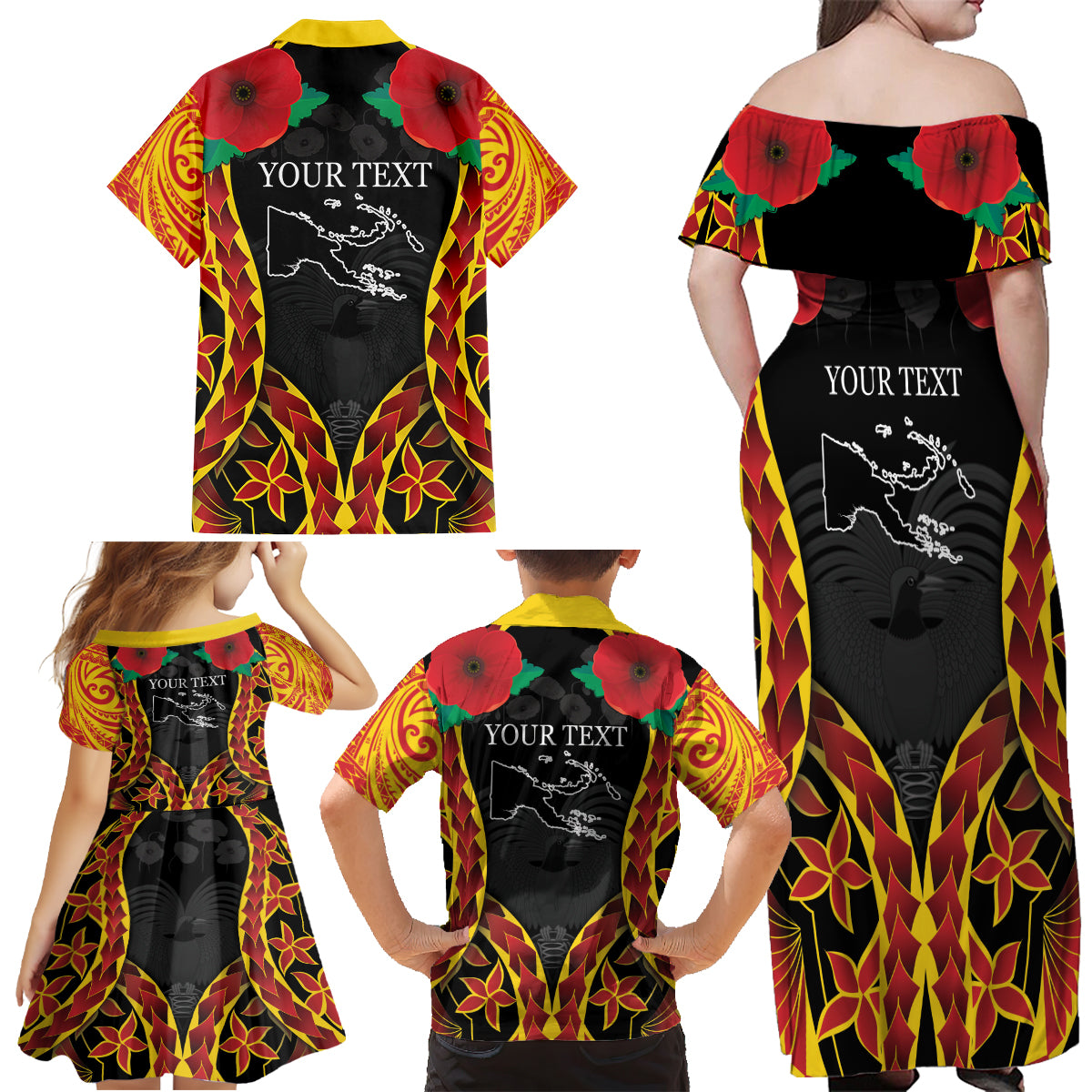 Personalised Papua New Guinea Remembrance Day Family Matching Off Shoulder Maxi Dress and Hawaiian Shirt LT9 - Polynesian Pride