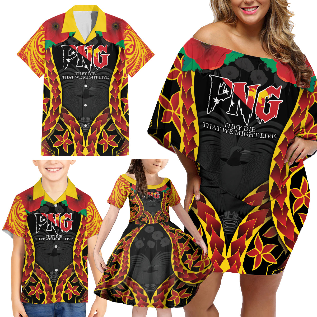 Personalised Papua New Guinea Remembrance Day Family Matching Off Shoulder Short Dress and Hawaiian Shirt LT9 - Polynesian Pride